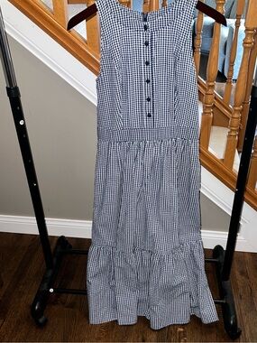 Navy and White Gingham Sleeveless Tiered Midi Dress Ardith